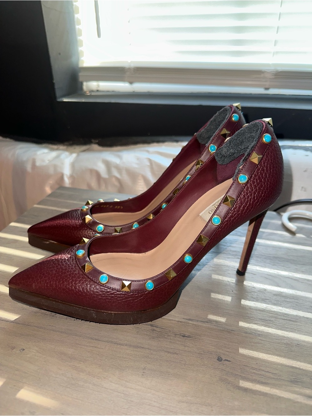 Valentino Burgundy Leather Pointed-Toe Stud Pumps with Turquoise Accents